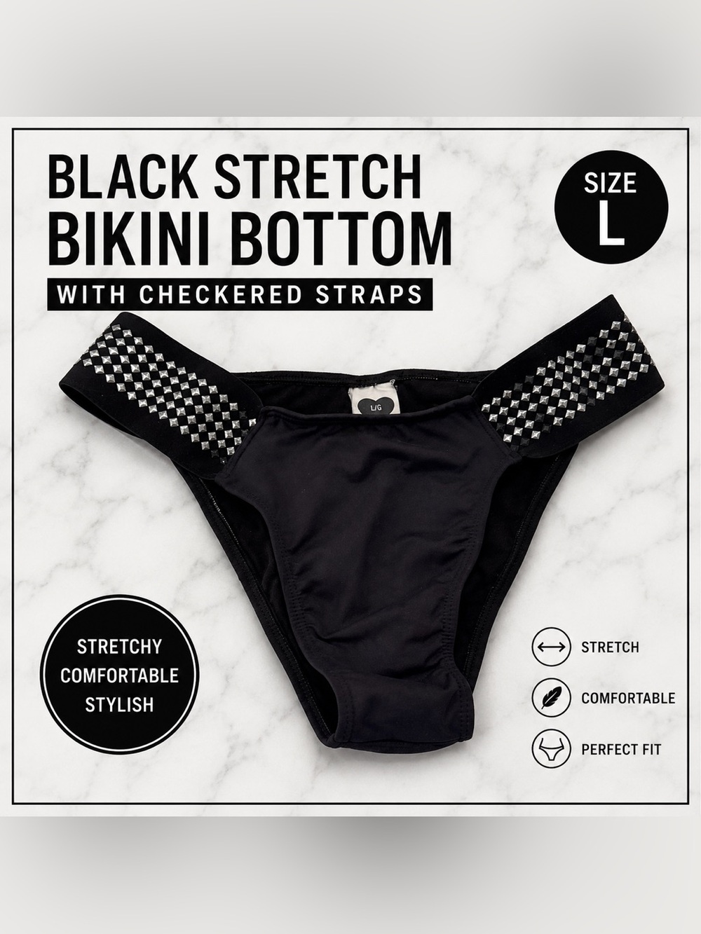 Black stretch Bikini Bottom with Checkered Straps/size L